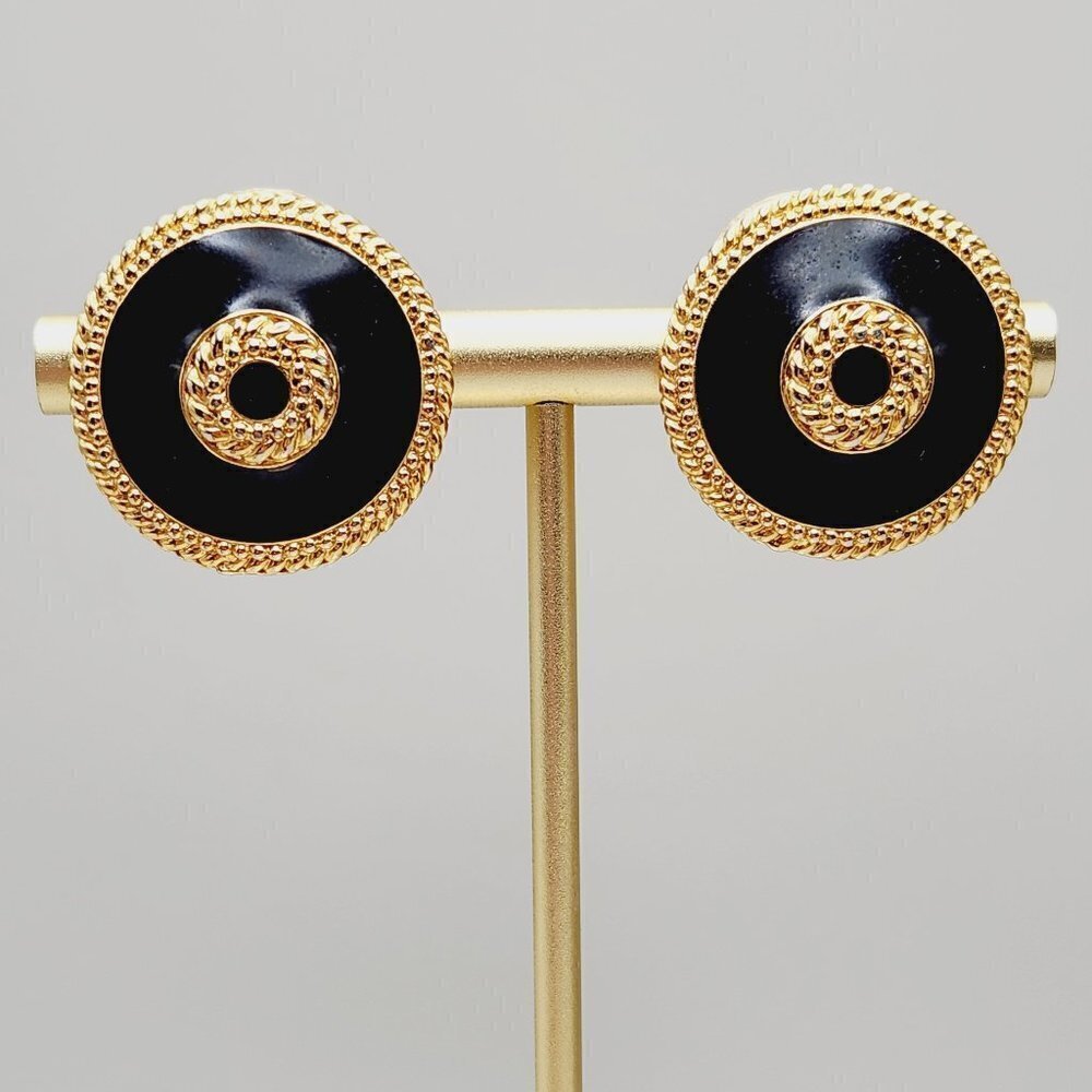 Vintage Black Enamel Rope Detailing Gold Tone Round Clip On Earrings